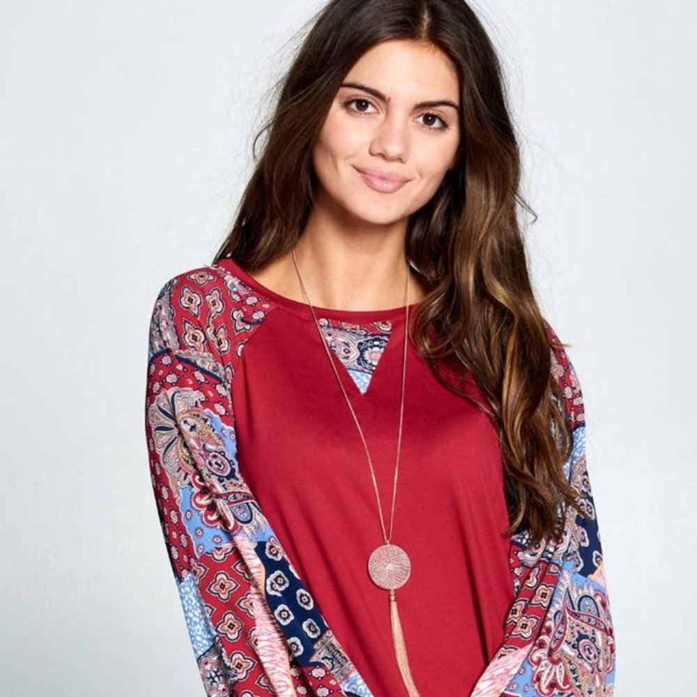 Patchwork Balloon Sleeve Raglan Top "Red"